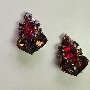 Vintage Amber & Ruby Rhinestone Crystals  Clip~on Earrings